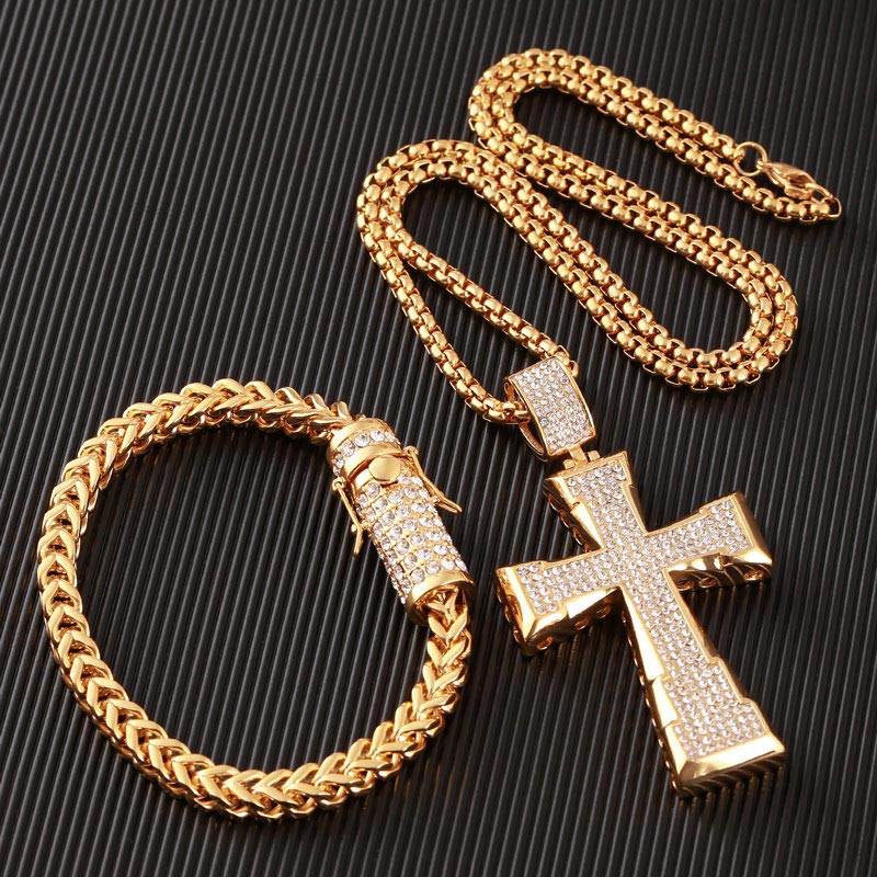 New Crystal Cross Necklace Men Gold Color Hip Hop Stainless Steel Chain Religious Necklaces Pendant Male Christian Jewelry Gift