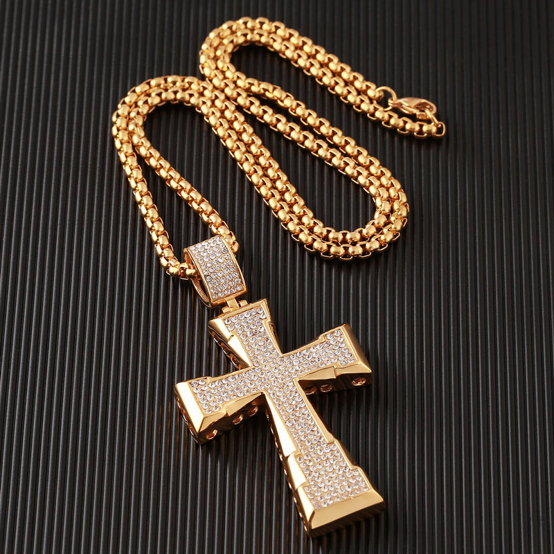 New Crystal Cross Necklace Men Gold Color Hip Hop Stainless Steel Chain Religious Necklaces Pendant Male Christian Jewelry Gift