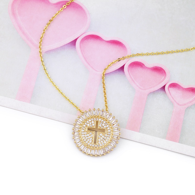 FLOLA Cubic Zirconia Gold Cross Necklace Women with Crystal Cross Pendant Long Chain Necklace CZ Christian Jewelry nkep11
