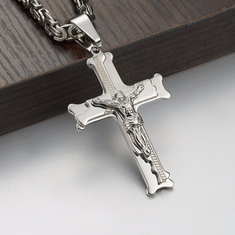 Jesus Cross Silver Necklaces Men Women Pendant Stainless Steel Necklace With 6MM Byzantine Chain Christian Crucifix Jewelry