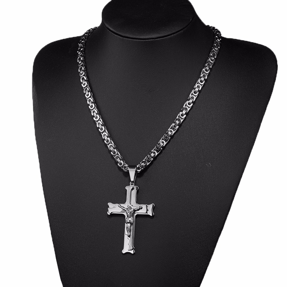 Jesus Cross Silver Necklaces Men Women Pendant Stainless Steel Necklace With 6MM Byzantine Chain Christian Crucifix Jewelry