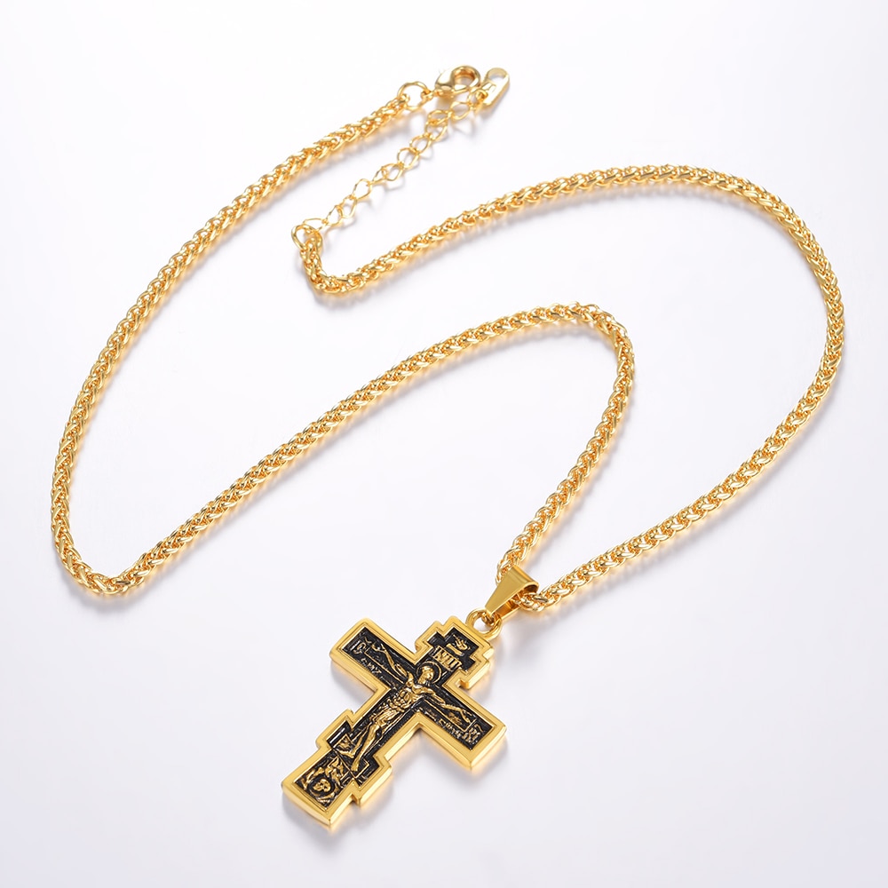 U7 Brand Christian Orthodox Crucifix Jesus Russian Cross Prayer Big Pendant Stainless Steel Silver/Gold Color Men Women Jewelry