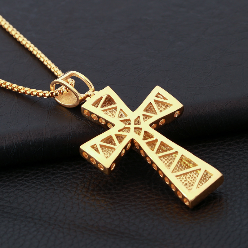 New Cross Pendant Necklace For Men Women Gold Color Stainless Steel Long Necklace Pave Rhinestone Male Cross Christian Jewelry
