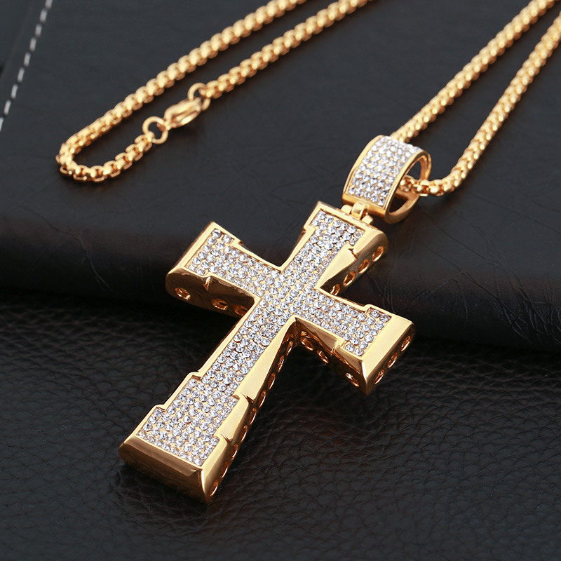 New Cross Pendant Necklace For Men Women Gold Color Stainless Steel Long Necklace Pave Rhinestone Male Cross Christian Jewelry