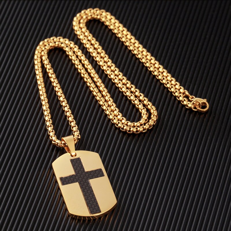New Men Dog Tag Cross Necklaces & Pendant Gold Color Stainless Steel Chain Verse Christian Male Fashion Necklace Jewelry For Men